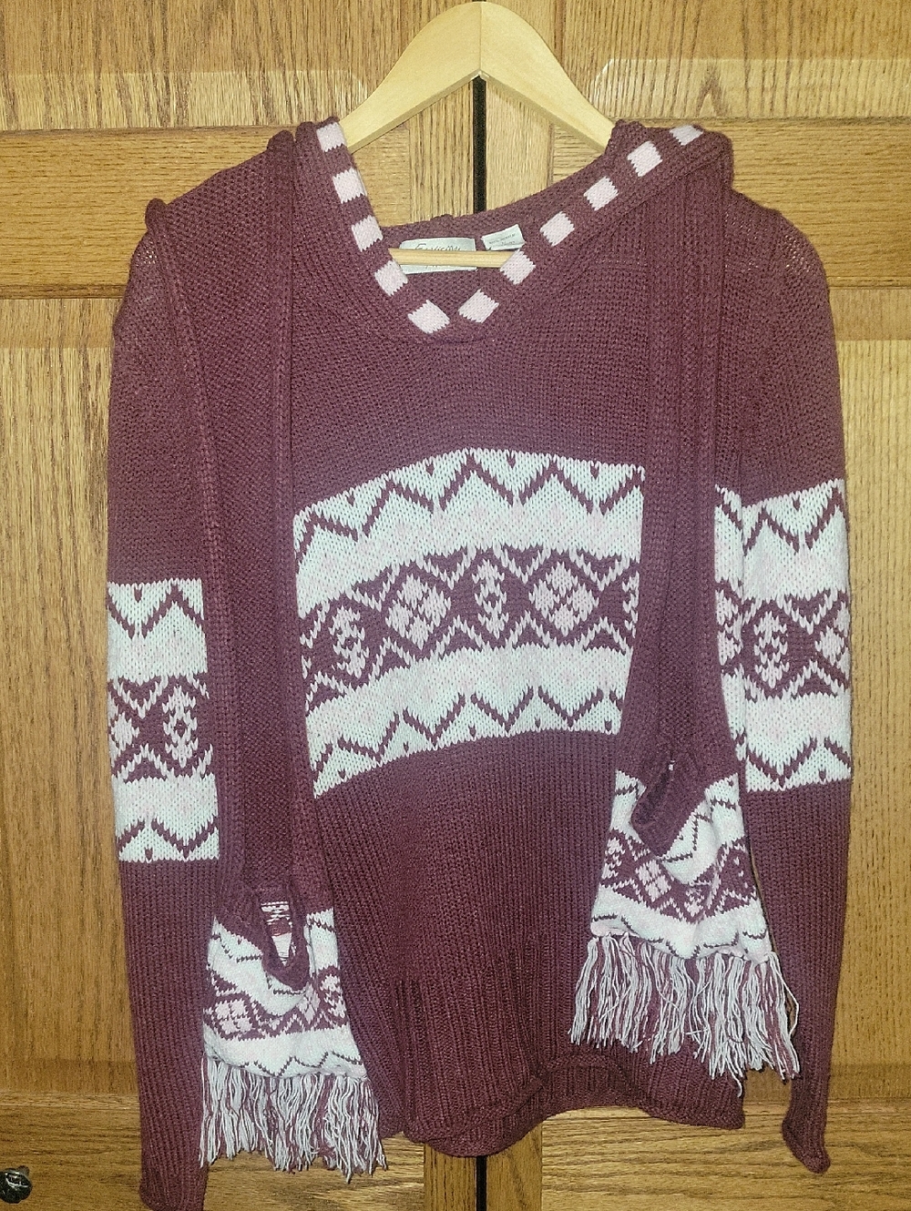 Women’s Burgundy and Cream Hooded Sweater with Pattern
